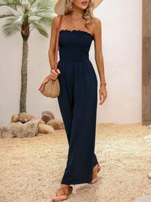 SHEIN VCAY 素色褶邊抹胸闊腿連體褲 - 藏蓝色 - 查看 3