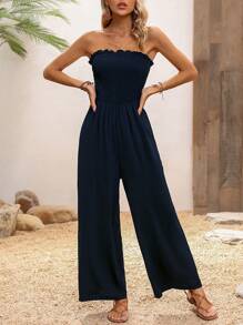 SHEIN VCAY 素色褶邊抹胸闊腿連體褲 - 藏蓝色 - 查看 6