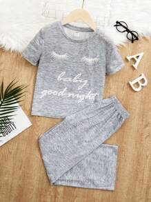 SHEIN 女大童睫毛&標語圖案T恤和褲子睡衣套裝 - 灰色 - 查看 1