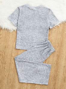 SHEIN 女大童睫毛&標語圖案T恤和褲子睡衣套裝 - 灰色 - 查看 2