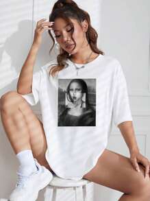 INAWLY 蒙娜丽莎印花落肩 T 恤 图案 T 恤 女式上衣 - 白色 - 查看 6
