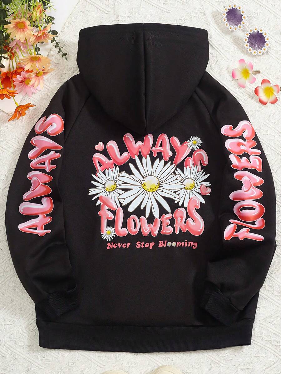 SHEIN Tween Girl Floral & Slogan Graphic Raglan Sleeve Sweatshirt - Black - View 1