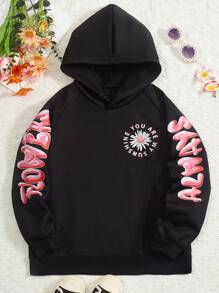 SHEIN Tween Girl Floral & Slogan Graphic Raglan Sleeve Sweatshirt - Black - View 2