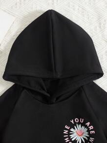 SHEIN Tween Girl Floral & Slogan Graphic Raglan Sleeve Sweatshirt - Black - View 3