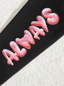 SHEIN Tween Girl Floral & Slogan Graphic Raglan Sleeve Sweatshirt - Black - View 7