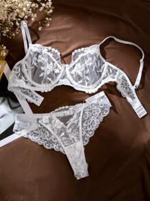 SHEIN Set de lencería con encaje floral con aro - Blanco - Ver 1