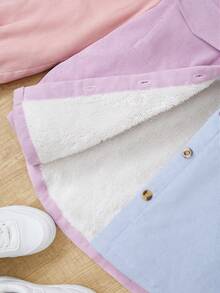 SHEIN Tween Girl Colourblock Flap Pocket Thermal Lined Coat - Multicolor - View 3