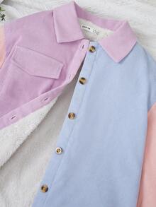 SHEIN Tween Girl Colourblock Flap Pocket Thermal Lined Coat - Multicolor - View 4