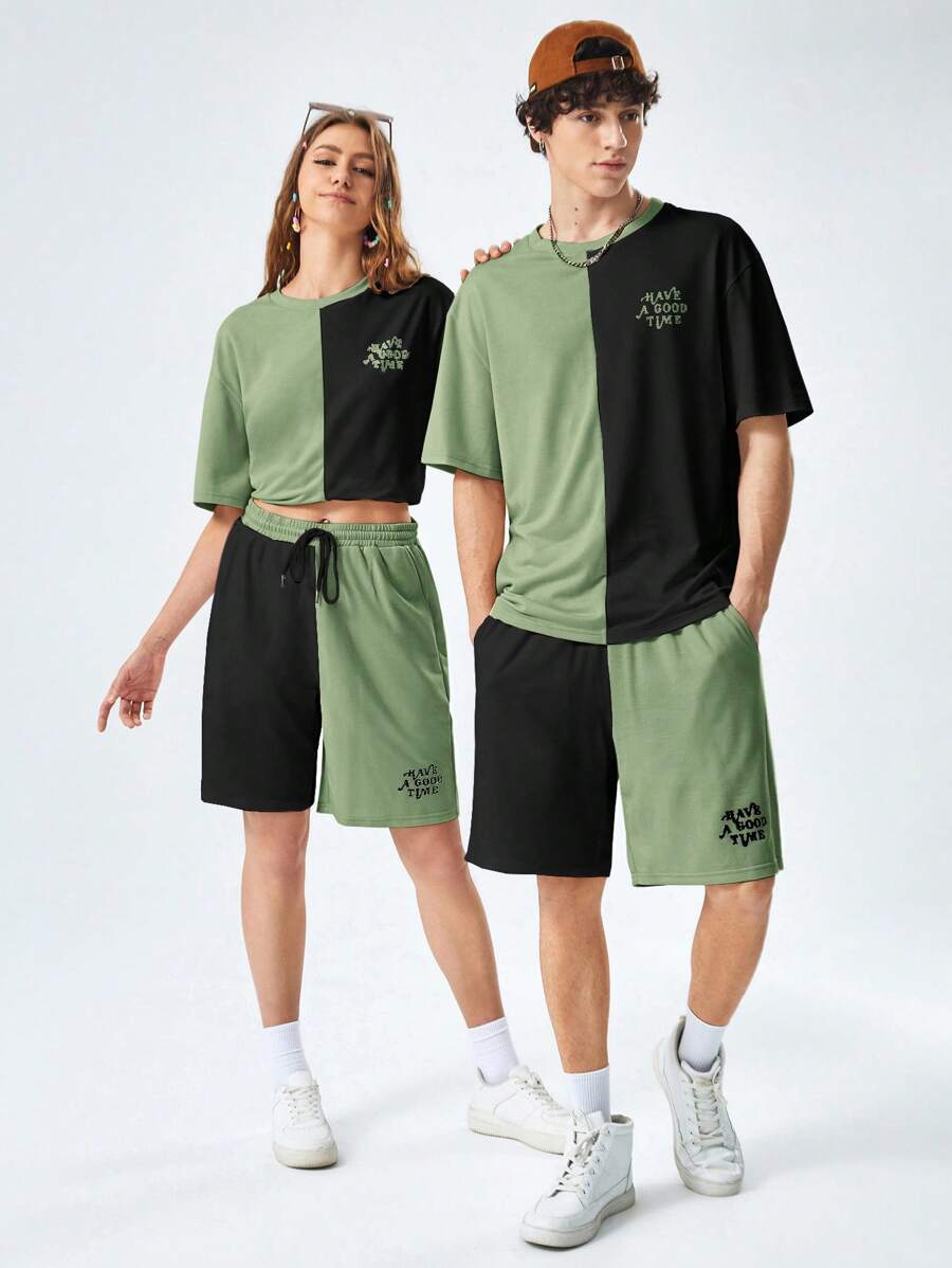 SWAVVY 1 Pieza Camiseta Holgada Para Hombres Con Eslogan Y Gráfico De Bloques De Color Y 1 Pieza Pantalones Cortos Con Cintura De Cordón - verde menta - Ver 1