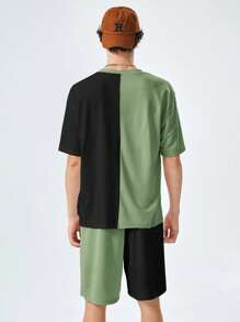 SWAVVY 1 Pieza Camiseta Holgada Para Hombres Con Eslogan Y Gráfico De Bloques De Color Y 1 Pieza Pantalones Cortos Con Cintura De Cordón - verde menta - Ver 2