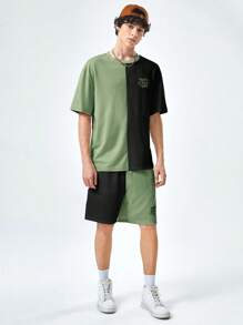 SWAVVY 1 Pieza Camiseta Holgada Para Hombres Con Eslogan Y Gráfico De Bloques De Color Y 1 Pieza Pantalones Cortos Con Cintura De Cordón - verde menta - Ver 3