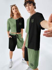SWAVVY 1 Pieza Camiseta Holgada Para Hombres Con Eslogan Y Gráfico De Bloques De Color Y 1 Pieza Pantalones Cortos Con Cintura De Cordón - verde menta - Ver 4