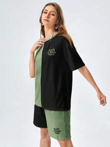 SWAVVY 1 Pieza Camiseta Holgada Para Hombres Con Eslogan Y Gráfico De Bloques De Color Y 1 Pieza Pantalones Cortos Con Cintura De Cordón - verde menta - Ver 5