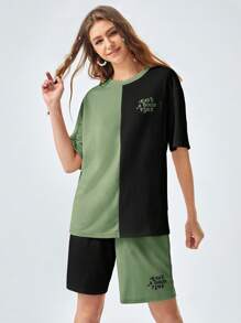 SWAVVY 1 Pieza Camiseta Holgada Para Hombres Con Eslogan Y Gráfico De Bloques De Color Y 1 Pieza Pantalones Cortos Con Cintura De Cordón - verde menta - Ver 6