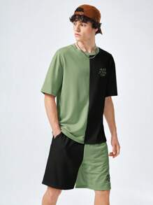 SWAVVY 1 Pieza Camiseta Holgada Para Hombres Con Eslogan Y Gráfico De Bloques De Color Y 1 Pieza Pantalones Cortos Con Cintura De Cordón - verde menta - Ver 7