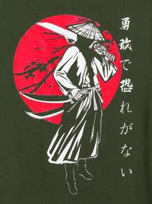 Manfinity RebelGame Men Japanese Letter & Figure Graphic Tee - Army Green - View 3