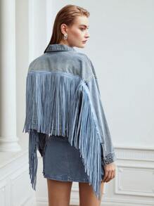 MOTF PREMIUM CROPPED FRINGE DENIM JACKET