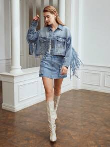 MOTF PREMIUM CROPPED FRINGE DENIM JACKET