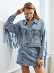 MOTF PREMIUM CROPPED FRINGE DENIM JACKET