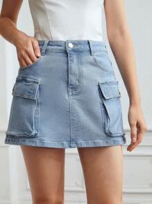MOTF PREMIUM 迷你工裝牛仔半身裙 - 淺色水洗藍 - 查看 2