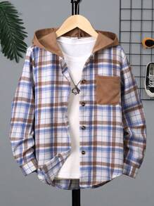 SHEIN Tween Boy Plaid Print Hooded Shirt Without Tee - Multicolor - View 1