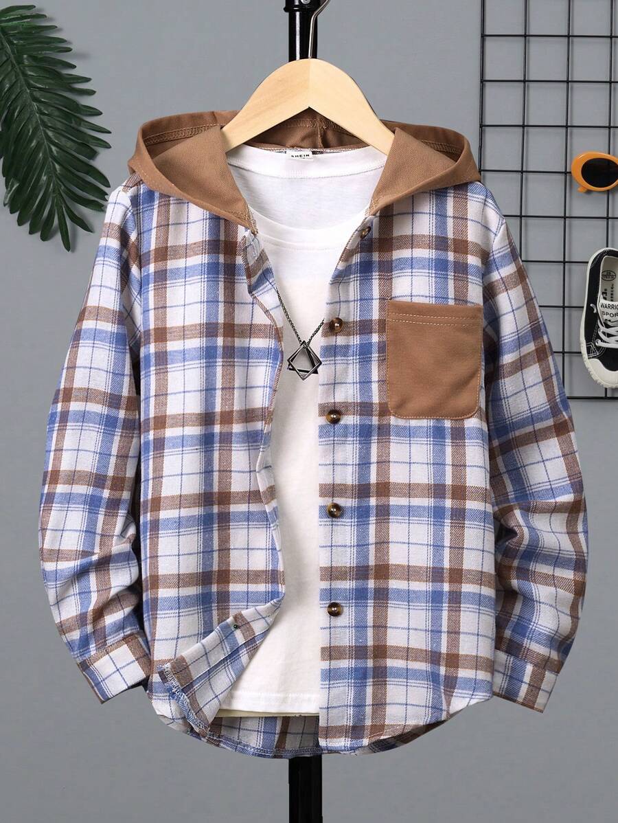 SHEIN Tween Boy Plaid Print Hooded Shirt Without Tee - Multicolor - View 1
