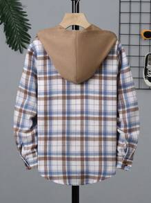 SHEIN Tween Boy Plaid Print Hooded Shirt Without Tee - Multicolor - View 2