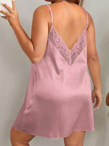 SHEIN Plus Contrast Lace Satin Cami Nightdress - Purple - View 1