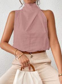 Firerie Solid Keyhole Back Crop Halter Neck Blouse - Dusty Pink - View 3