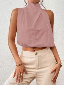 Firerie Solid Keyhole Back Crop Halter Neck Blouse - Dusty Pink - View 5