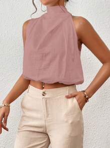 Firerie Solid Keyhole Back Crop Halter Neck Blouse - Dusty Pink - View 6