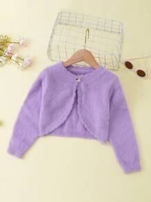 SHEIN Young Girl Single Button Fuzzy Cardigan - Mauve Purple - View 1
