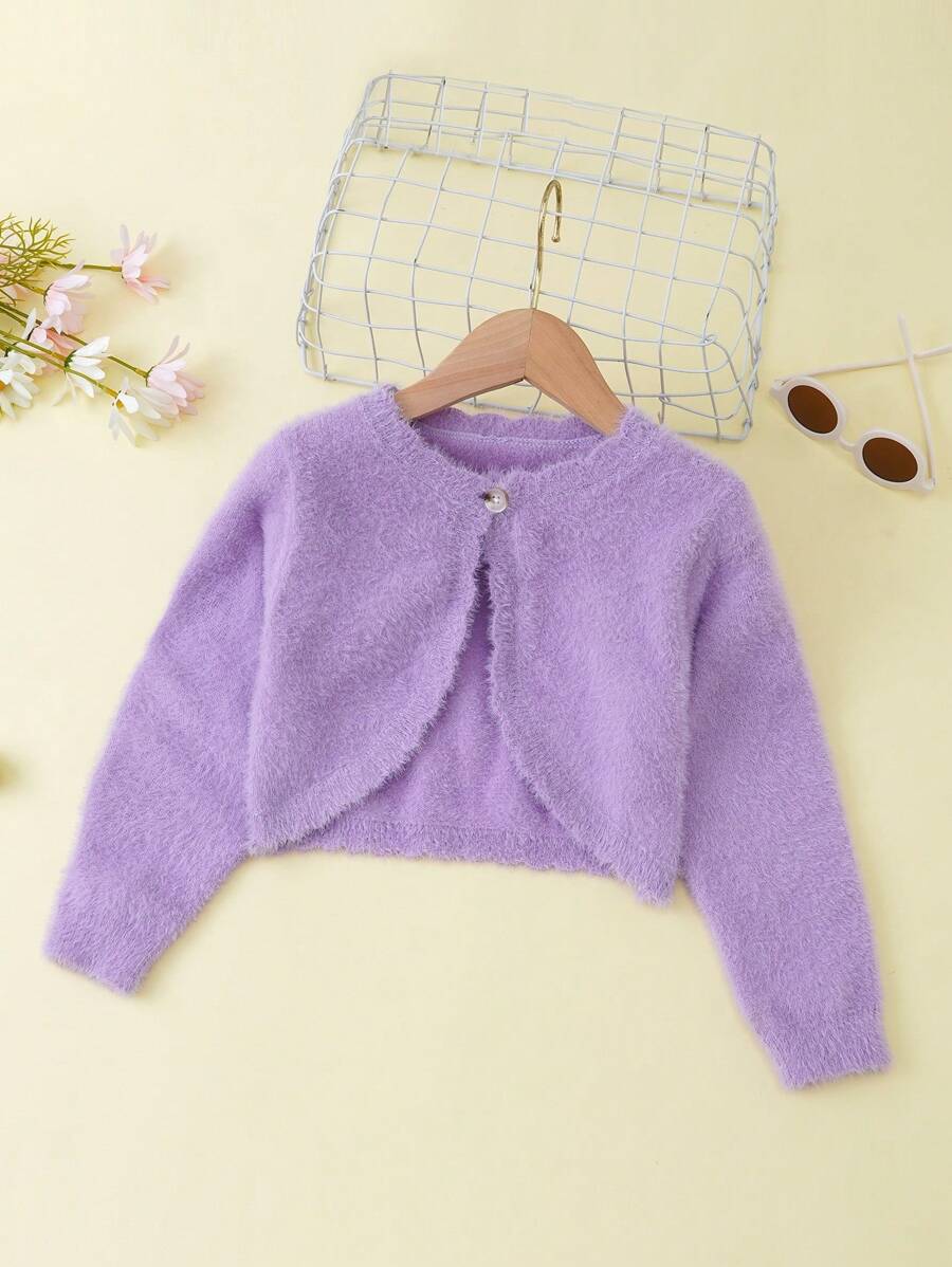 SHEIN Young Girl Single Button Fuzzy Cardigan - Mauve Purple - View 1