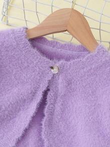 SHEIN Young Girl Single Button Fuzzy Cardigan - Mauve Purple - View 3