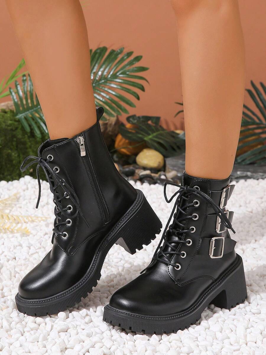 Botas con cordón de mujeres de moda hebilla decorado - Negro - Ver 1