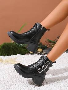 Botas con cordón de mujeres de moda hebilla decorado - Negro - Ver 3