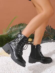 Botas con cordón de mujeres de moda hebilla decorado - Negro - Ver 4