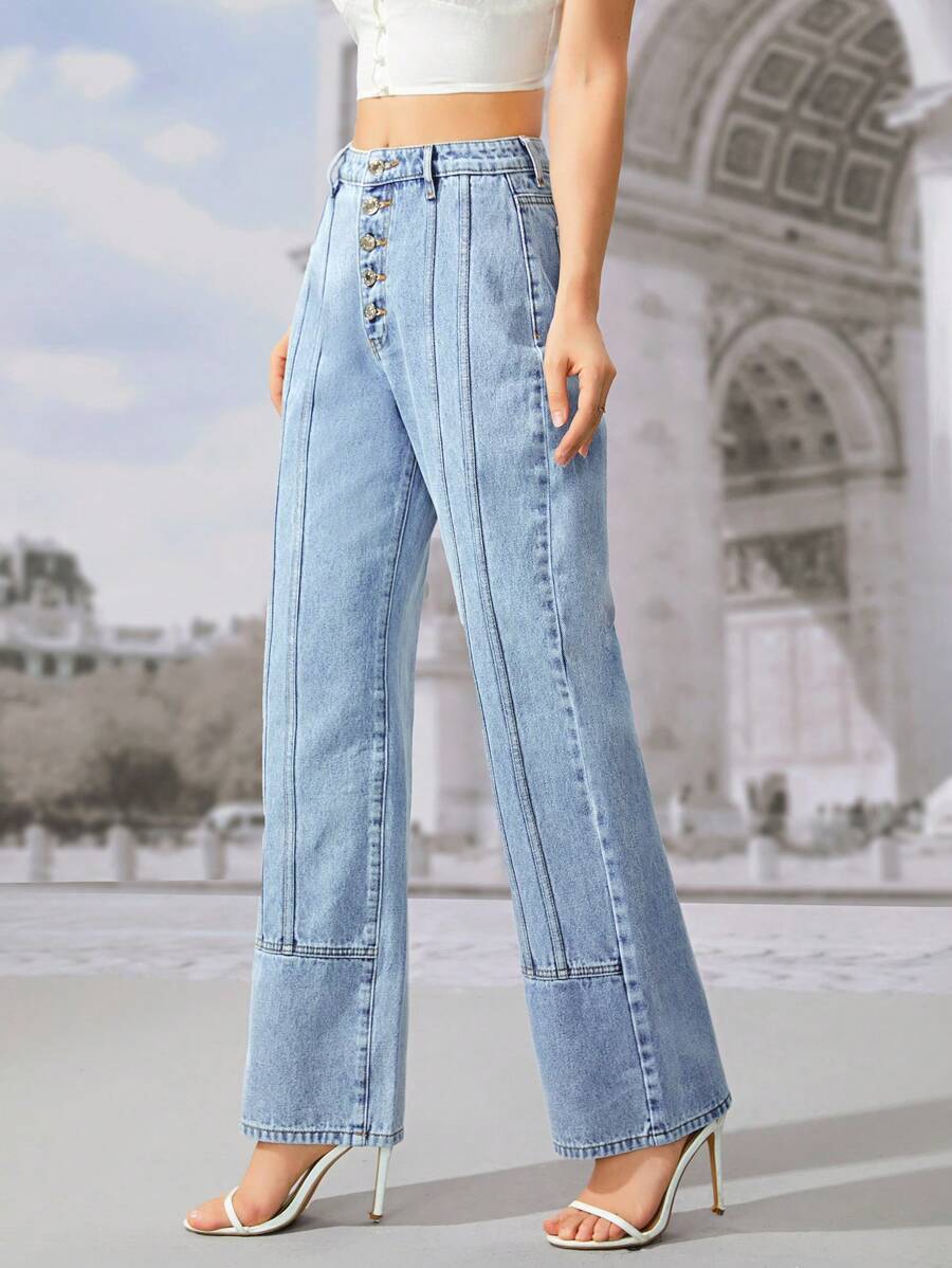 SHEIN Frenchy Button Fly Seam Front Straight Leg Jeans | SHEIN USA