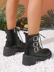 Botas con cordón de mujeres de moda hebilla decorado - Negro - Ver 5
