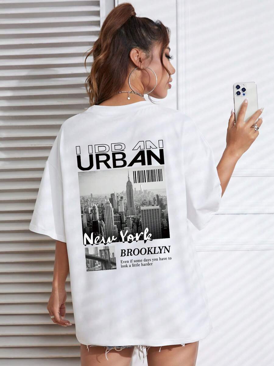 SHEIN EZwear Building & Slogan Graphic Drop Shoulder Tee - White - View 1