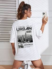 SHEIN EZwear Building & Slogan Graphic Drop Shoulder Tee - White - View 3