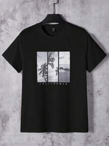 GENTILAND Hombres Camiseta con estampado tropical - Negro - Ver 1