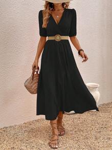 SHEIN VCAY 素色交疊領A字連衣裙不附腰帶 - 黑色 - 查看 1