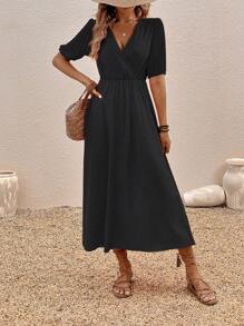 SHEIN VCAY 素色交疊領A字連衣裙不附腰帶 - 黑色 - 查看 3