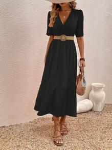 SHEIN VCAY 素色交疊領A字連衣裙不附腰帶 - 黑色 - 查看 4