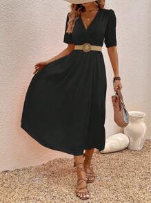 SHEIN VCAY 素色交疊領A字連衣裙不附腰帶 - 黑色 - 查看 5