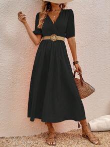 SHEIN VCAY 素色交疊領A字連衣裙不附腰帶 - 黑色 - 查看 6