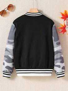 SHEIN Tween Girl Camo Print Striped Trim Bomber Jacket Without Tee - Black - View 2