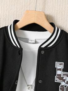 SHEIN Tween Girl Camo Print Striped Trim Bomber Jacket Without Tee - Black - View 3