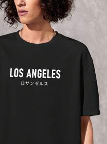 SWAVVY 1 件休闲字母图案落肩 T 恤 - 黑色 - 查看 4